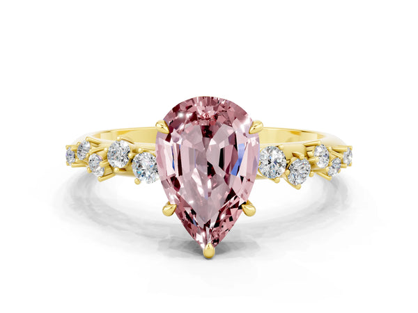 Yellow gold Pear Cut Morganite Cluster Side Stone Solitaire Ring with Prong Setting