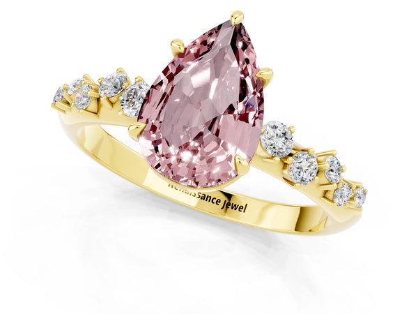 Yellow gold Pear Cut Morganite Cluster Side Stone Solitaire Ring with Prong Setting