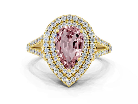 Yellow gold Pear Cut Morganite Double Halo Ring with Pavé Band and Prong Setting_12