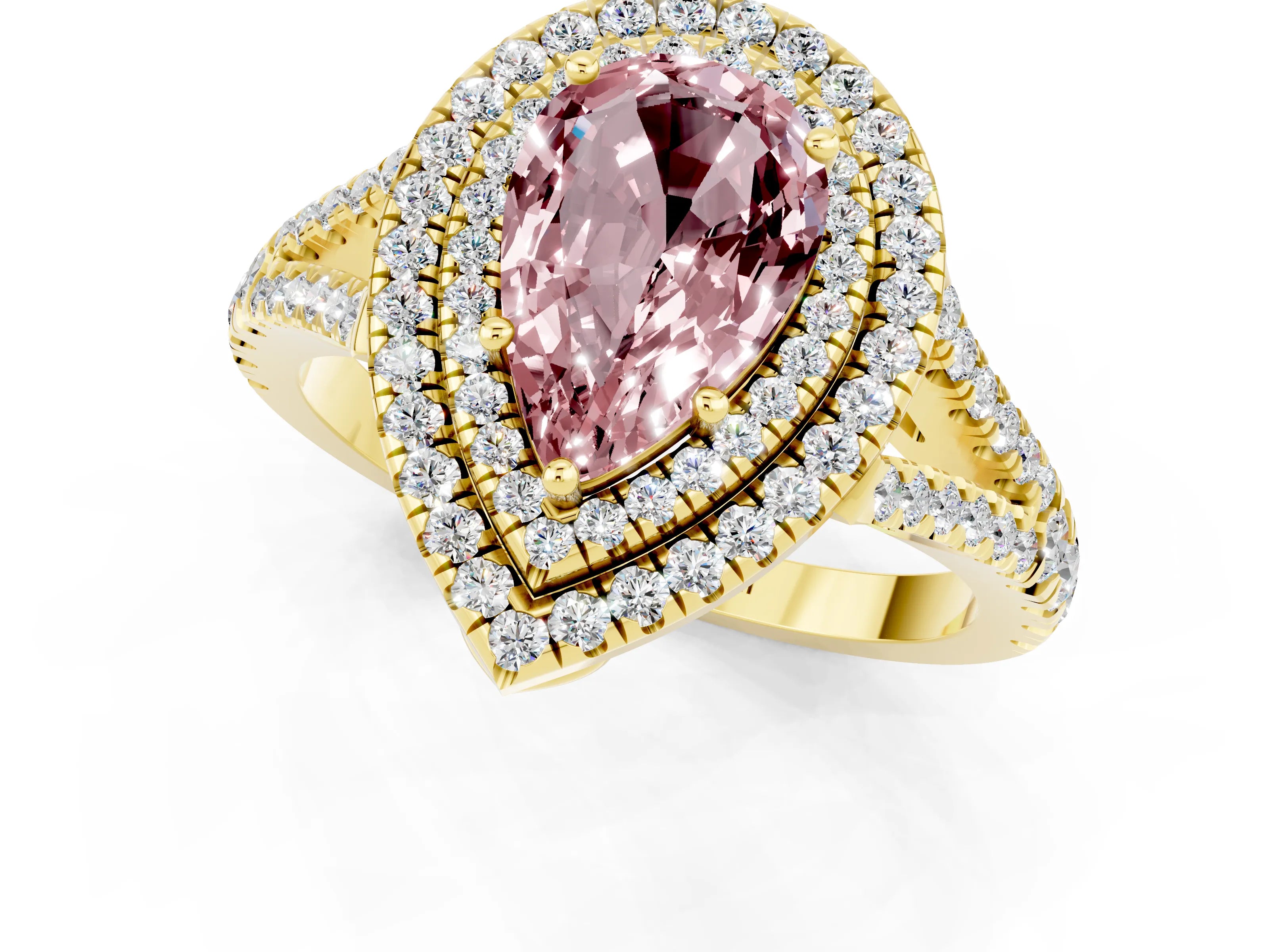 Yellow gold Pear Cut Morganite Double Halo Ring with Pavé Band and Prong Setting_13