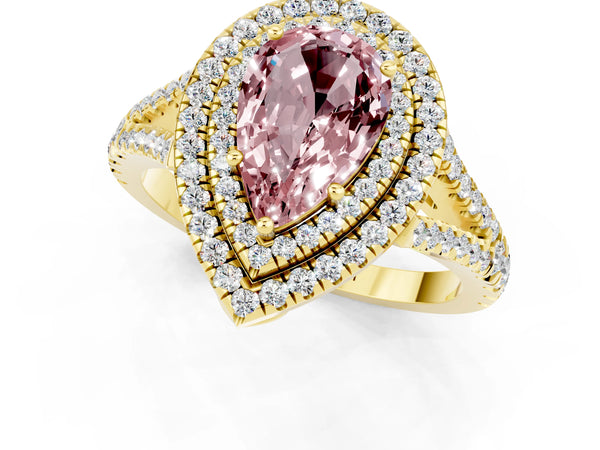 Yellow gold Pear Cut Morganite Double Halo Ring with Pavé Band and Prong Setting