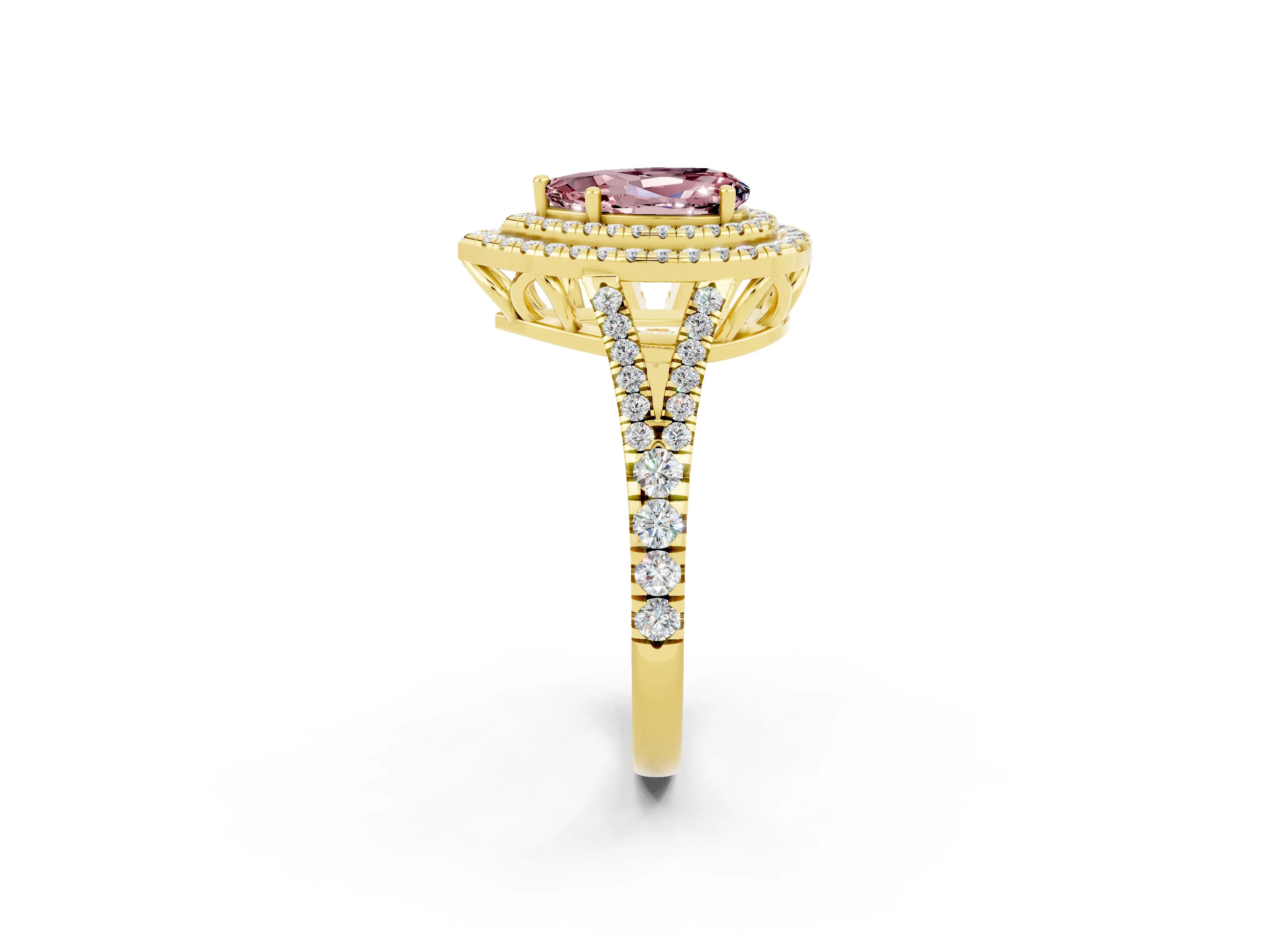 Yellow gold Pear Cut Morganite Double Halo Ring with Pavé Band and Prong Setting_14