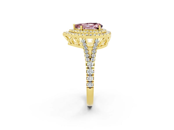 Yellow gold Pear Cut Morganite Double Halo Ring with Pavé Band and Prong Setting