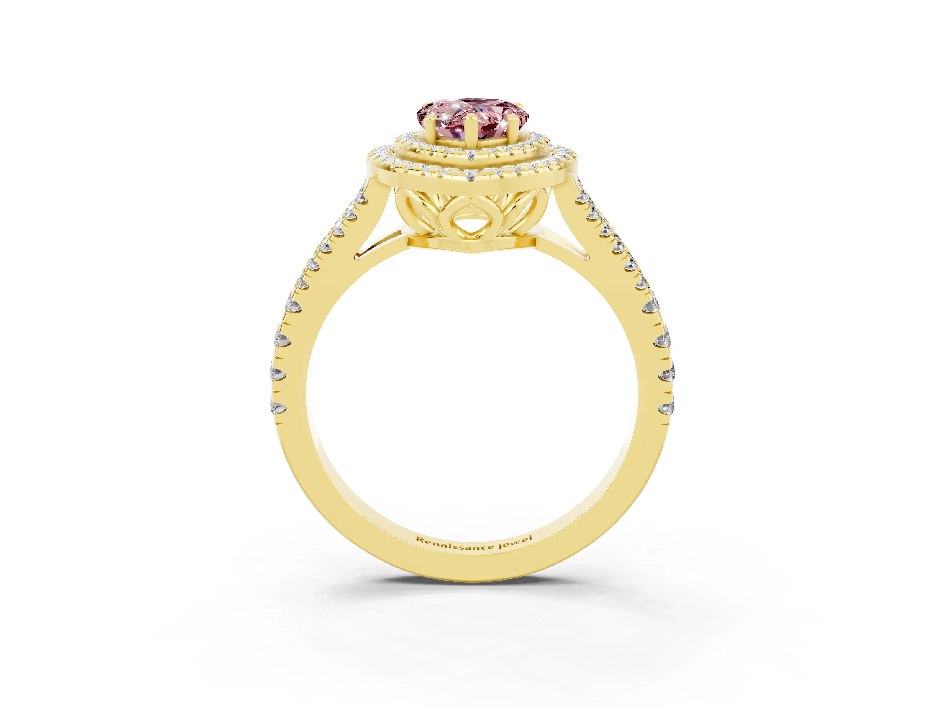 Yellow gold Pear Cut Morganite Double Halo Ring with Pavé Band and Prong Setting_15
