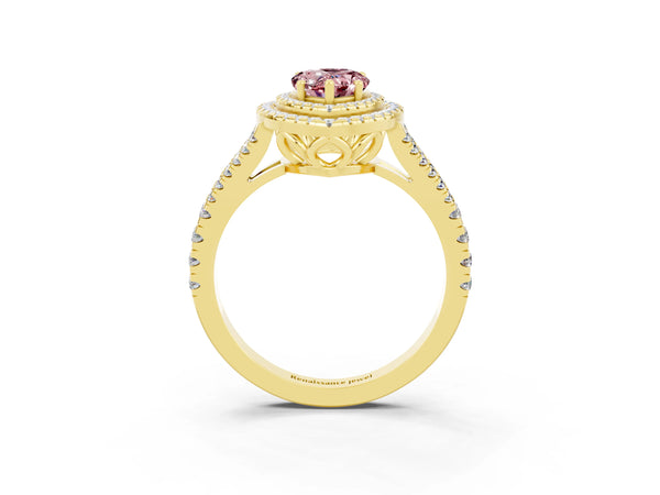 Yellow gold Pear Cut Morganite Double Halo Ring with Pavé Band and Prong Setting