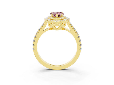 Yellow gold Pear Cut Morganite Double Halo Ring with Pavé Band and Prong Setting_15