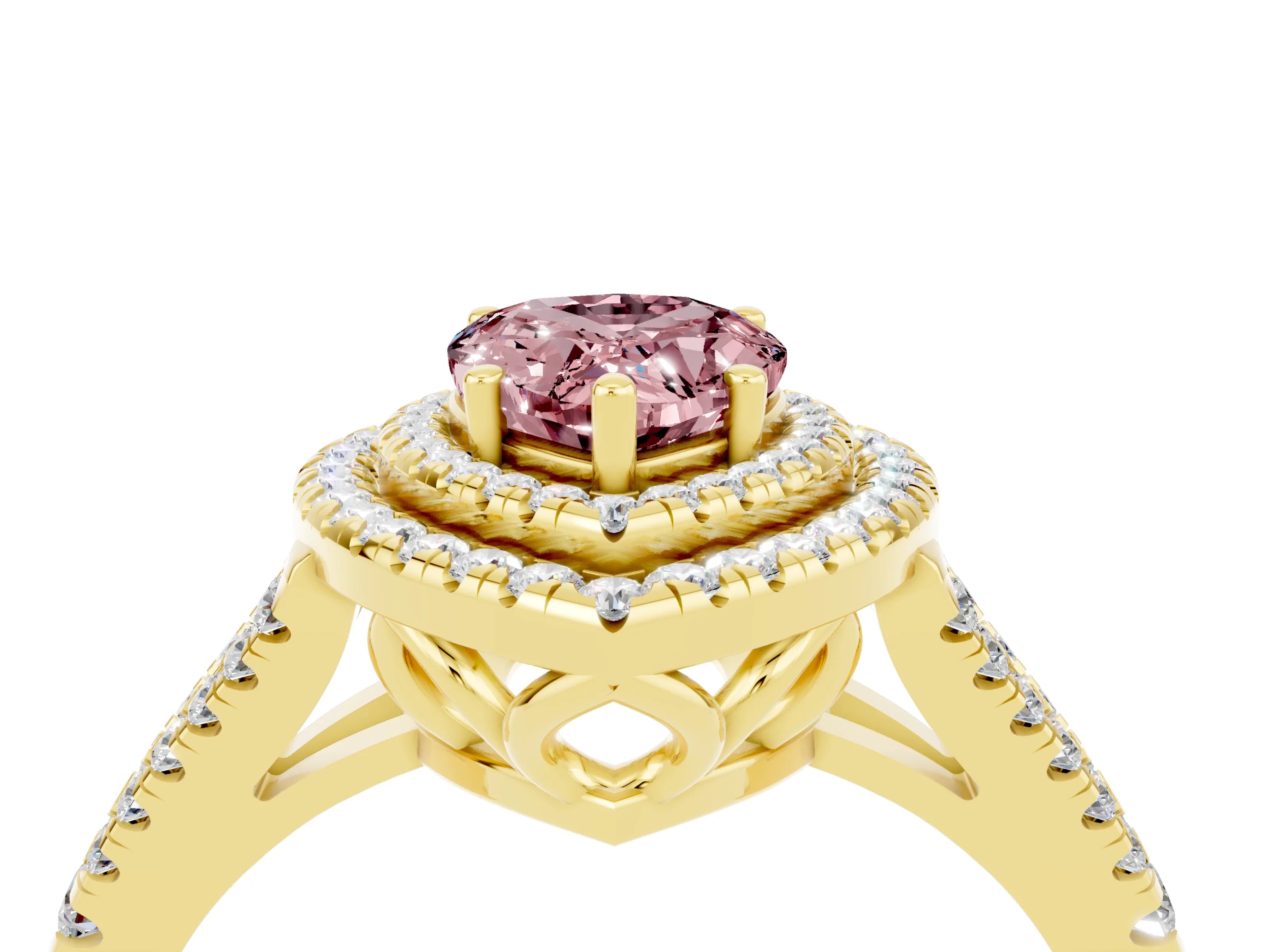 Yellow gold Pear Cut Morganite Double Halo Ring with Pavé Band and Prong Setting_16