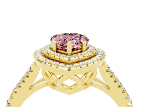 Yellow gold Pear Cut Morganite Double Halo Ring with Pavé Band and Prong Setting_16