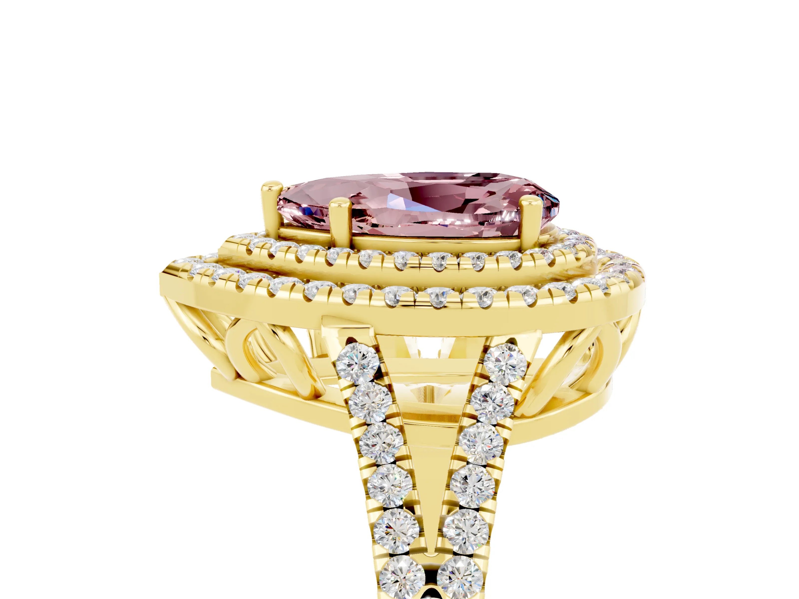 Yellow gold Pear Cut Morganite Double Halo Ring with Pavé Band and Prong Setting_17