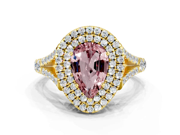 Yellow gold Pear Cut Morganite Double Halo Ring with Split Shank and Prong Setting
