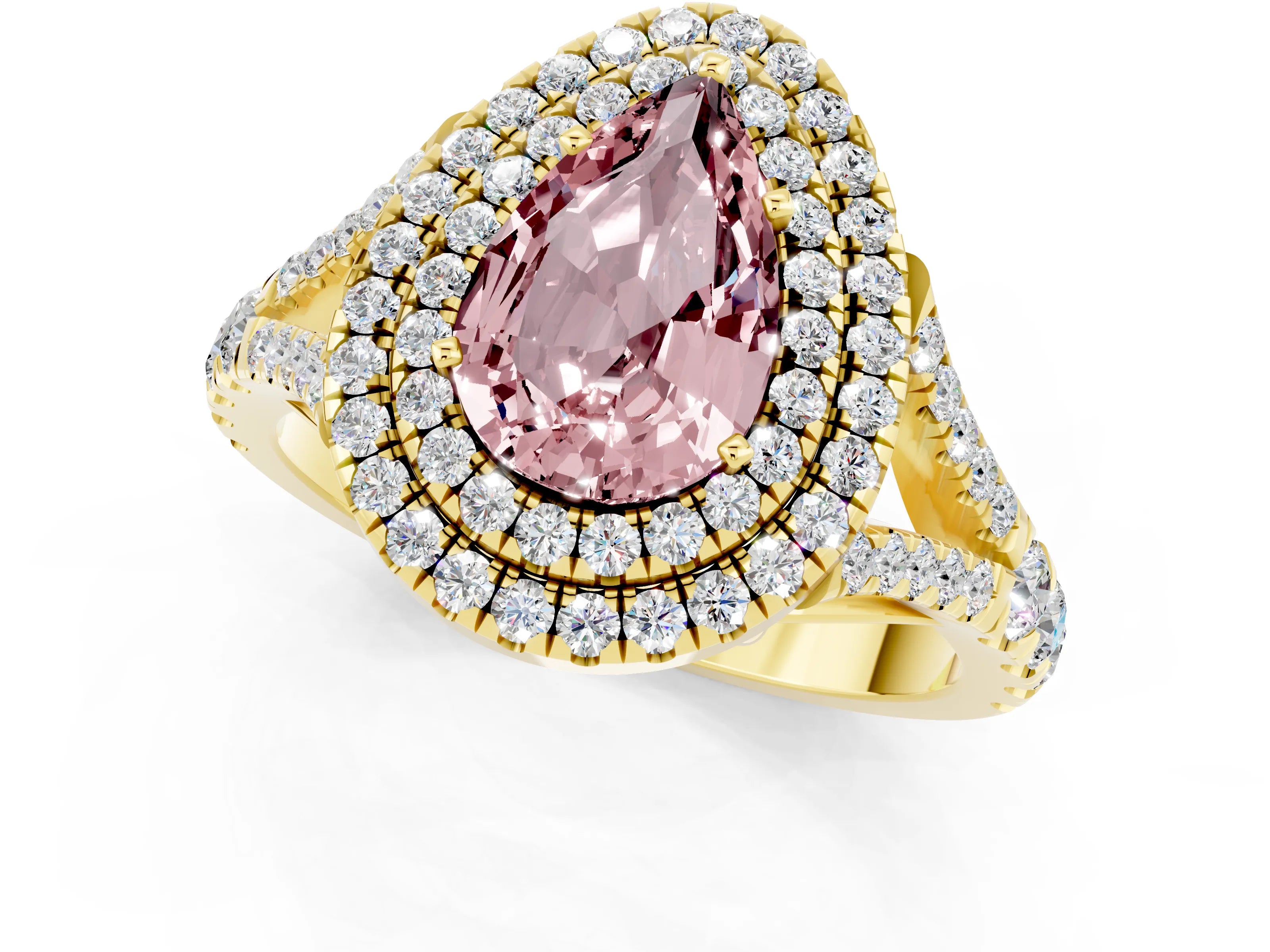 Yellow gold Pear Cut Morganite Double Halo Ring with Split Shank and Prong Setting_13