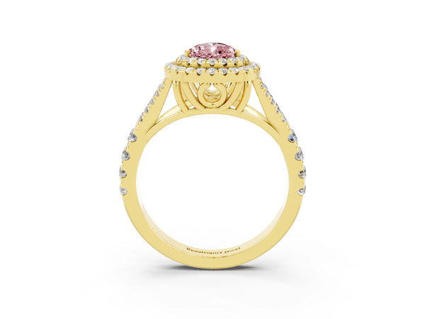 Yellow gold Pear Cut Morganite Double Halo Ring with Split Shank and Prong Setting