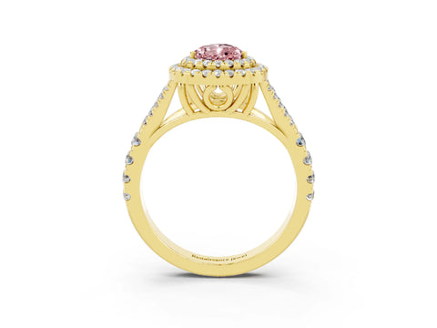 Yellow gold Pear Cut Morganite Double Halo Ring with Split Shank and Prong Setting_15
