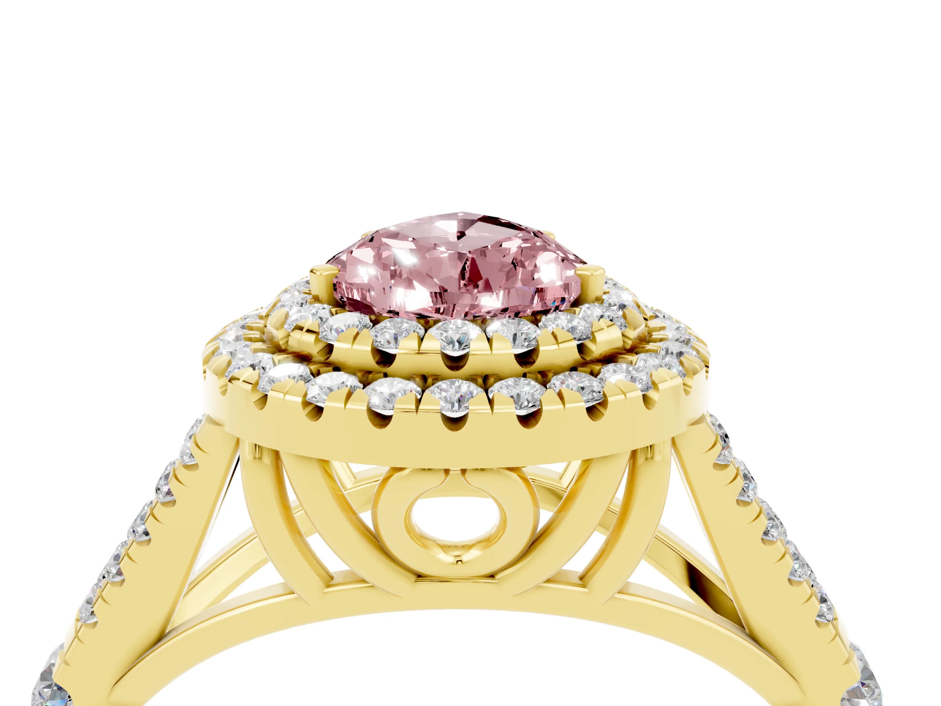 Yellow gold Pear Cut Morganite Double Halo Ring with Split Shank and Prong Setting_16
