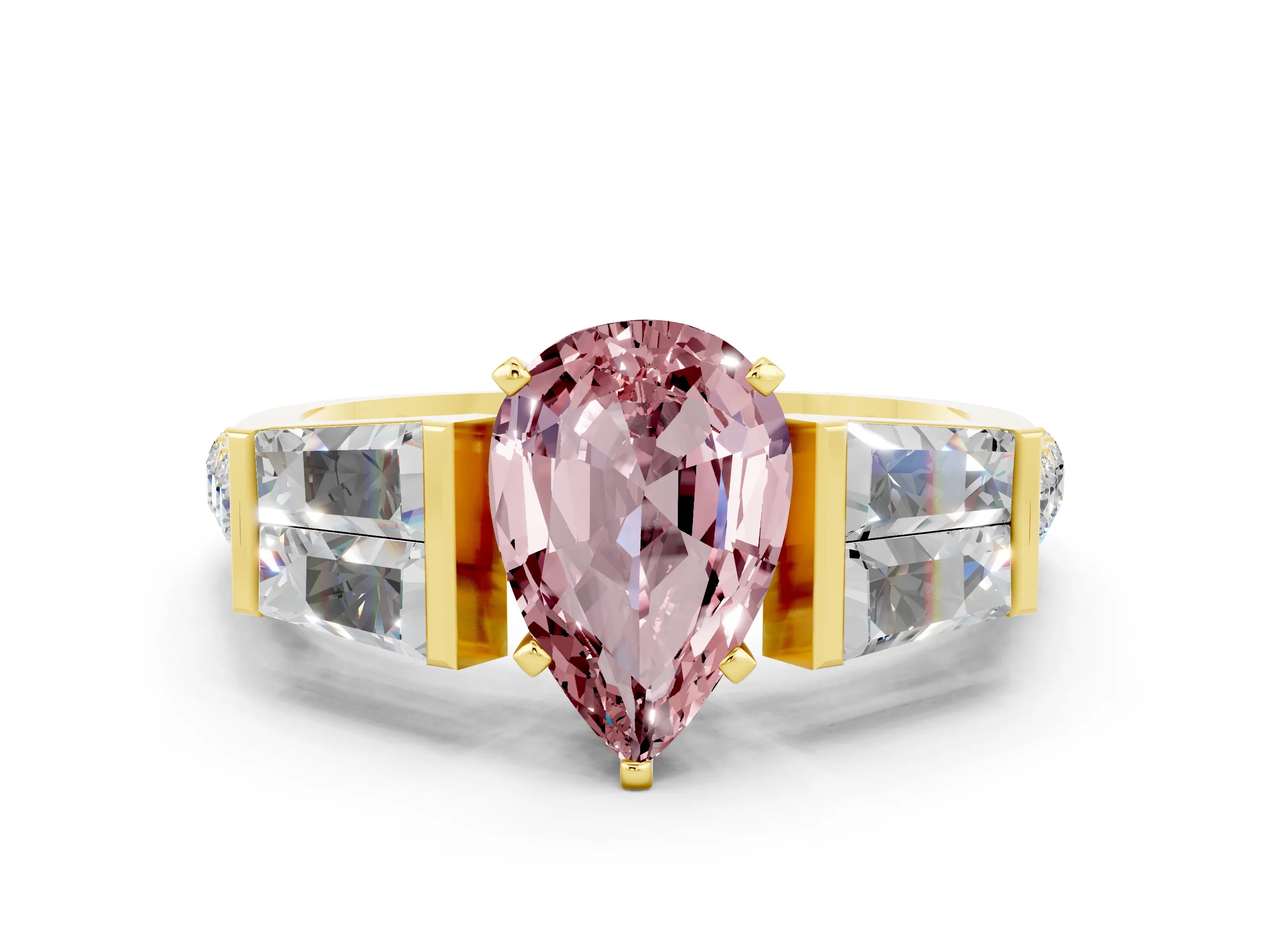 Yellow gold Pear Cut Morganite Engagement Ring with Baguette Side Stones and Channel Set Band
