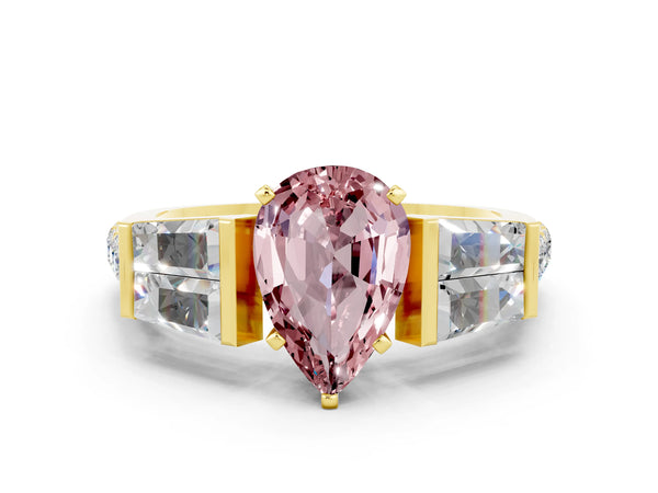 Yellow gold Pear Cut Morganite Engagement Ring with Baguette Side Stones and Channel Set Band