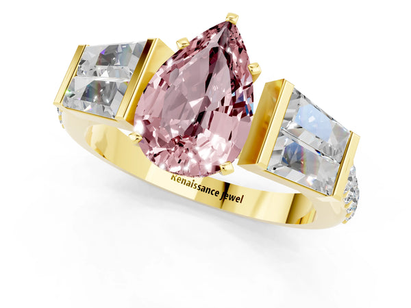 Yellow gold Pear Cut Morganite Engagement Ring with Baguette Side Stones and Channel Set Band