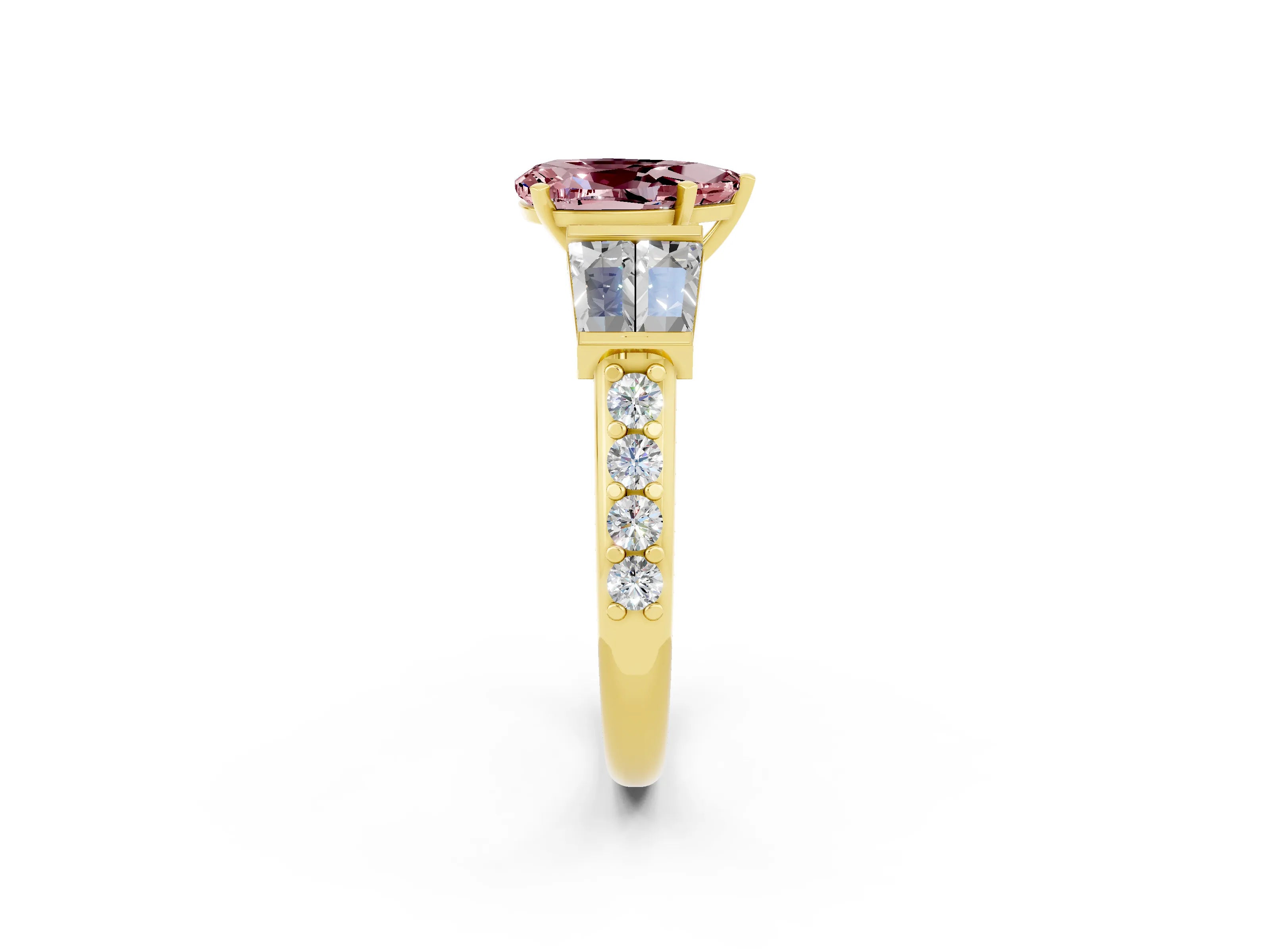 Yellow gold Pear Cut Morganite Engagement Ring with Baguette Side Stones and Channel Set Band_2