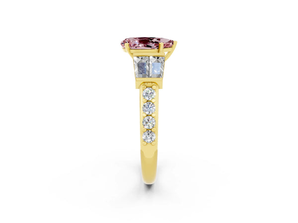Yellow gold Pear Cut Morganite Engagement Ring with Baguette Side Stones and Channel Set Band