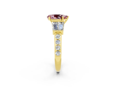 Yellow gold Pear Cut Morganite Engagement Ring with Baguette Side Stones and Channel Set Band_2
