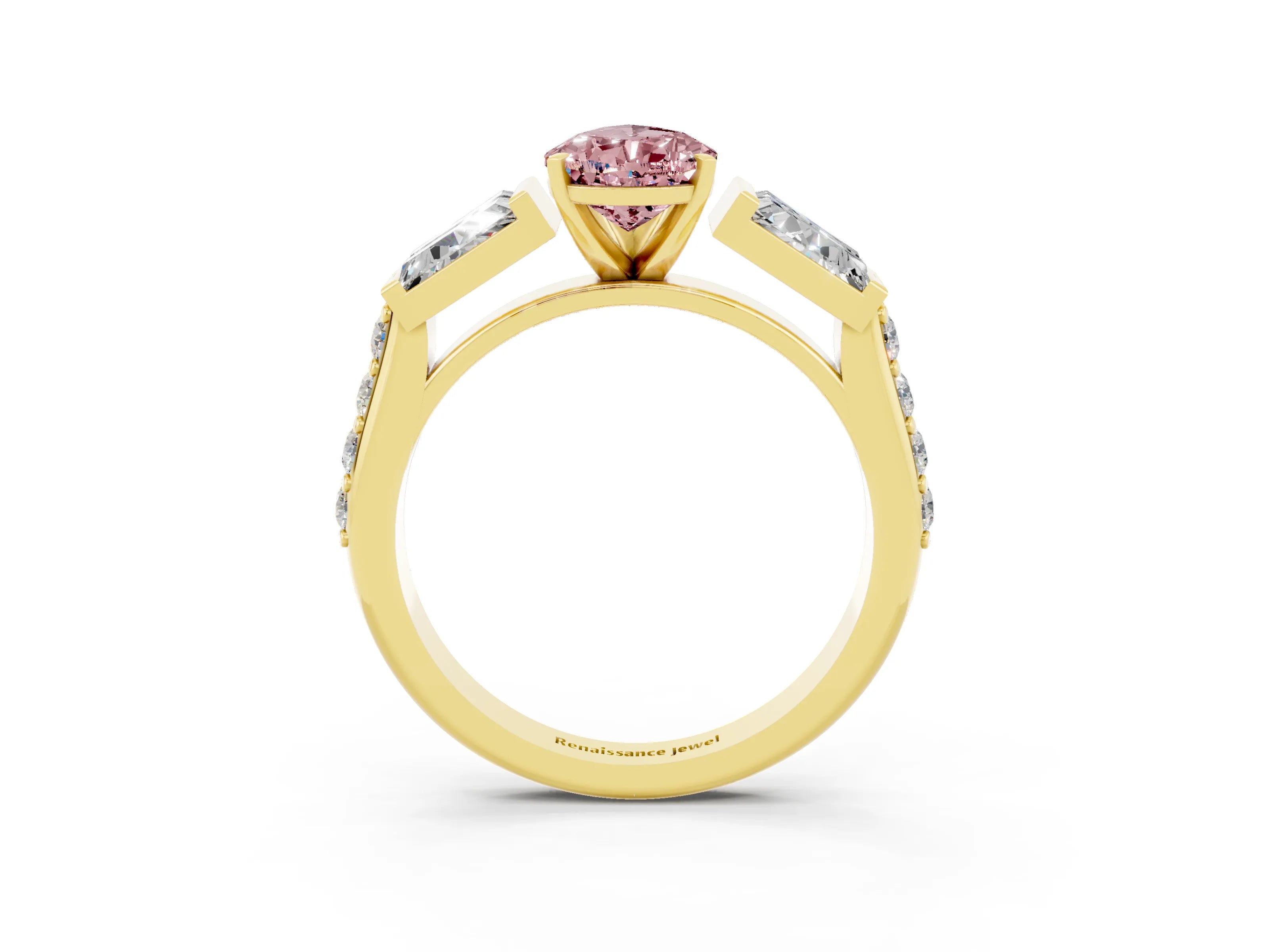 Yellow gold Pear Cut Morganite Engagement Ring with Baguette Side Stones and Channel Set Band_3
