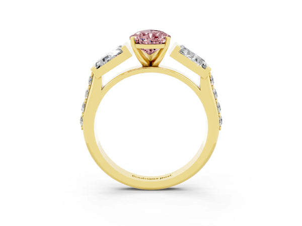 Yellow gold Pear Cut Morganite Engagement Ring with Baguette Side Stones and Channel Set Band