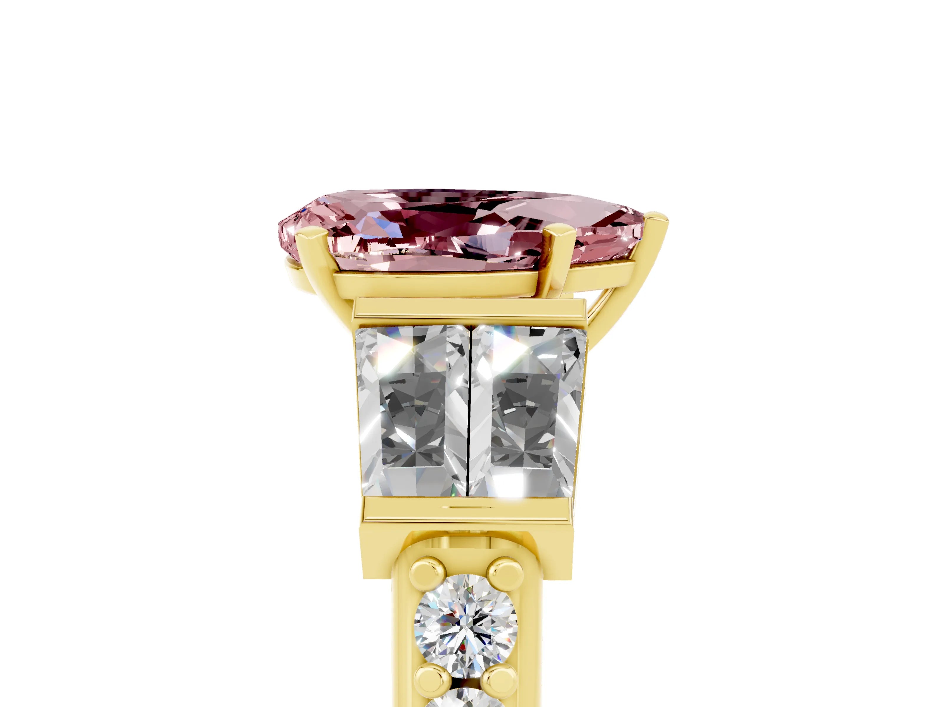 Yellow gold Pear Cut Morganite Engagement Ring with Baguette Side Stones and Channel Set Band_5