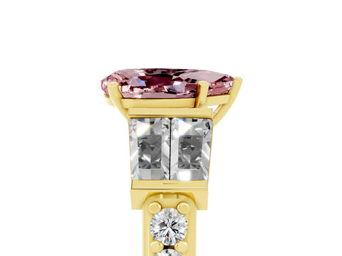 Yellow gold Pear Cut Morganite Engagement Ring with Baguette Side Stones and Channel Set Band_5