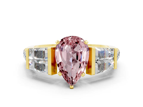 Yellow gold Pear Cut Morganite Engagement Ring with Baguette Side Stones and Channel Set Band