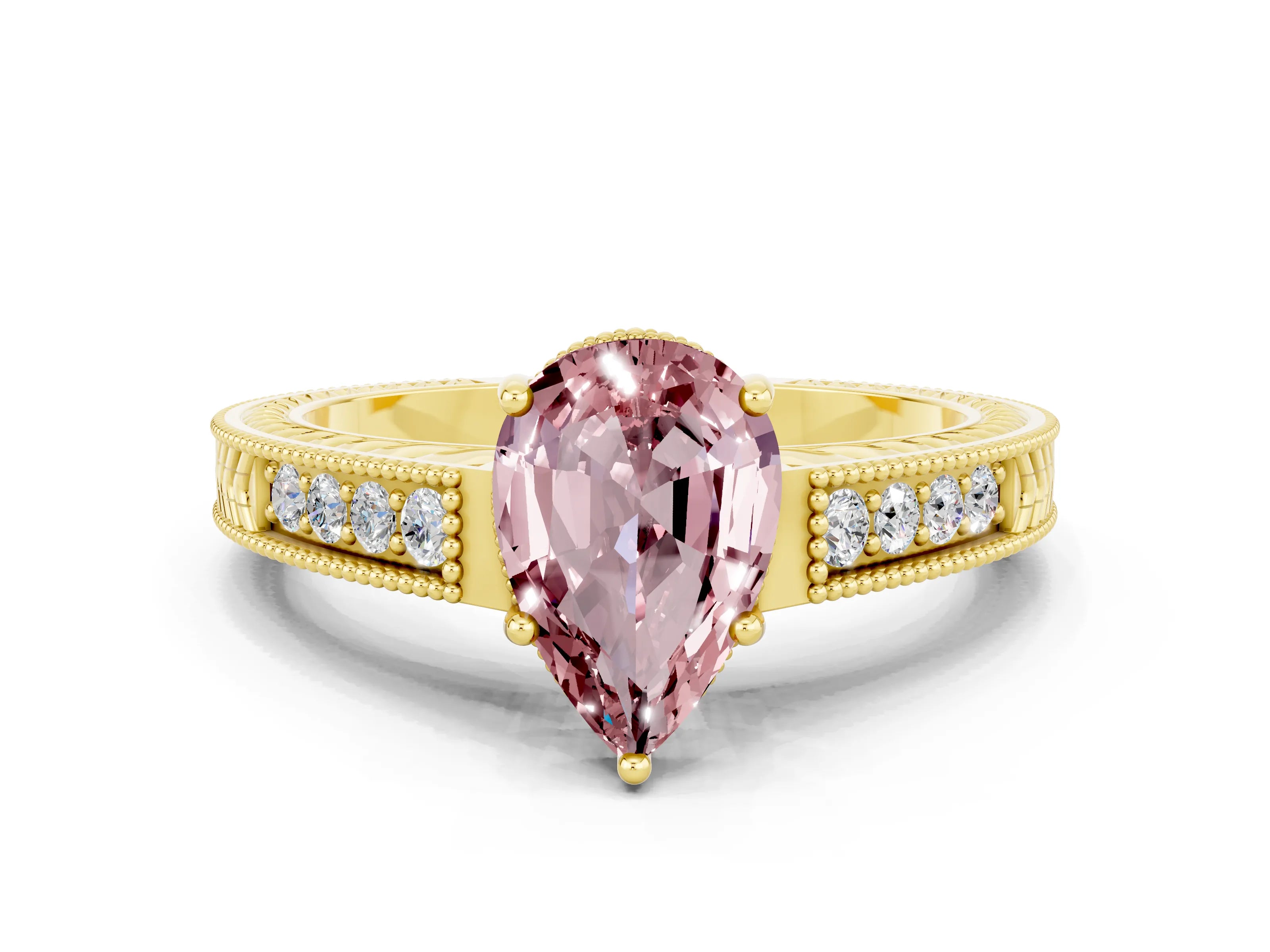 Yellow gold Pear Cut Morganite Engagement Ring with Milgrain Channel Set Band and Prong Setting