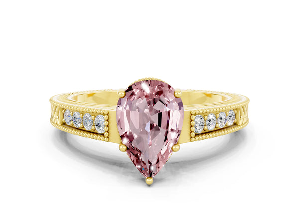 Yellow gold Pear Cut Morganite Engagement Ring with Milgrain Channel Set Band and Prong Setting