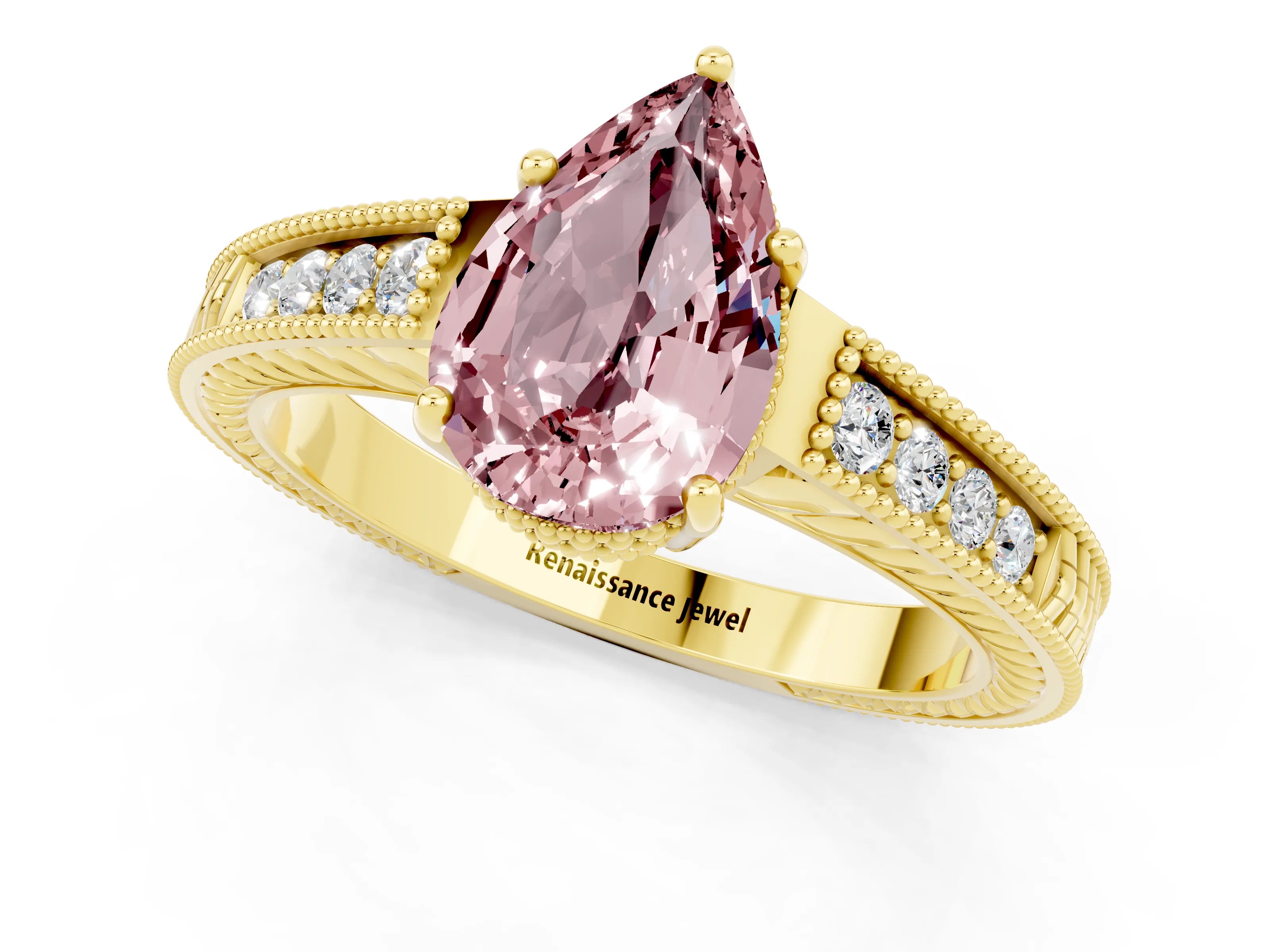 Yellow gold Pear Cut Morganite Engagement Ring with Milgrain Channel Set Band and Prong Setting_1