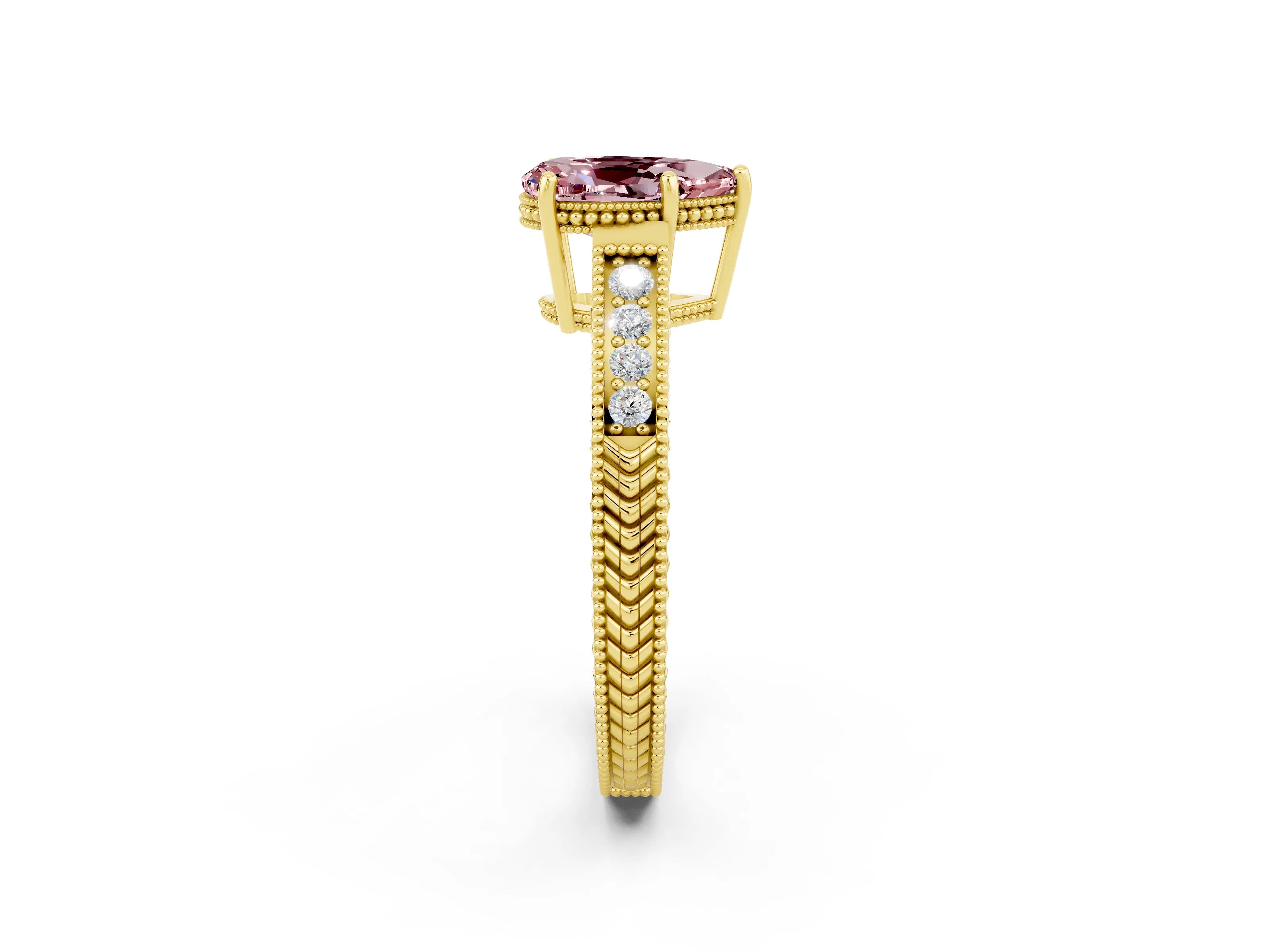 Yellow gold Pear Cut Morganite Engagement Ring with Milgrain Channel Set Band and Prong Setting_2