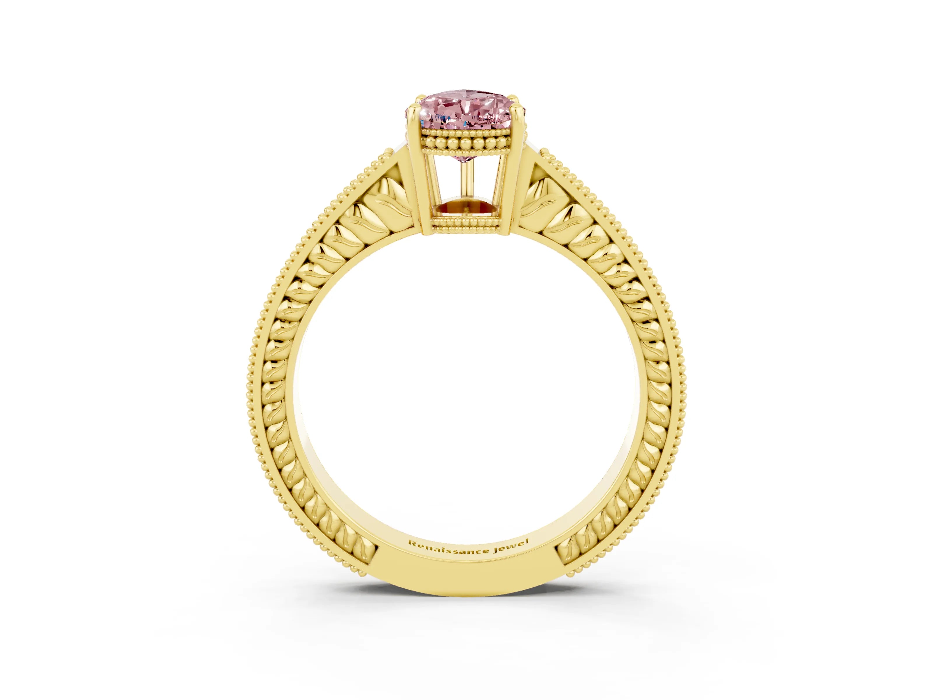 Yellow gold Pear Cut Morganite Engagement Ring with Milgrain Channel Set Band and Prong Setting_3