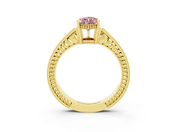 Yellow gold Pear Cut Morganite Engagement Ring with Milgrain Channel Set Band and Prong Setting