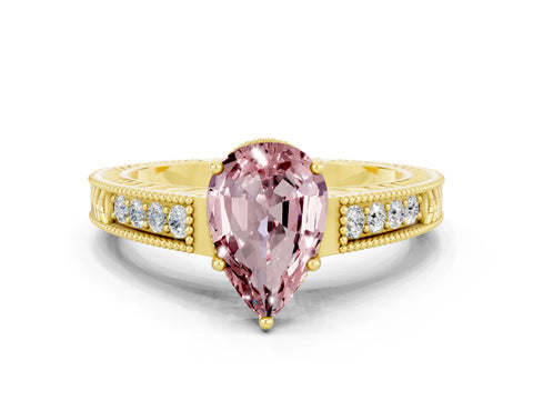 Yellow gold Pear Cut Morganite Engagement Ring with Milgrain Channel Set Band and Prong Setting