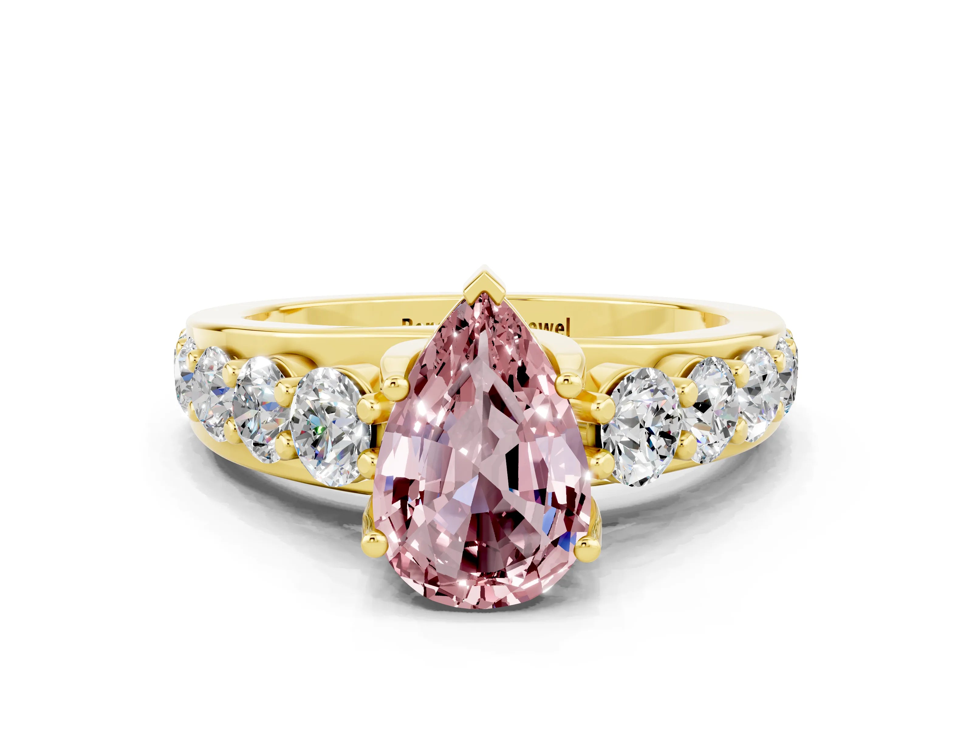Yellow gold Pear Cut Morganite Engagement Ring with Pavé Band and Four-Prong Setting