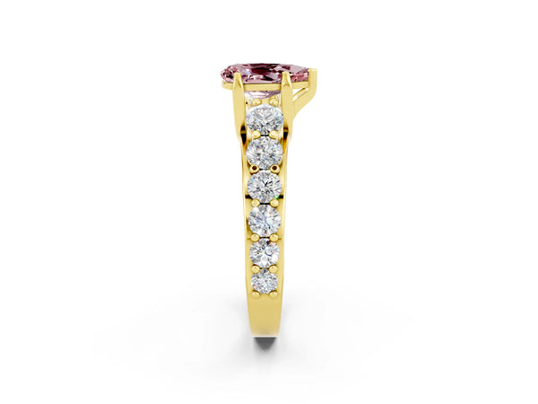 Yellow gold Pear Cut Morganite Engagement Ring with Pavé Band and Four-Prong Setting