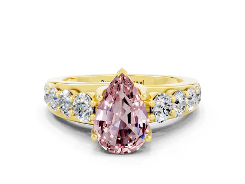 Yellow gold Pear Cut Morganite Engagement Ring with Pavé Band and Four-Prong Setting