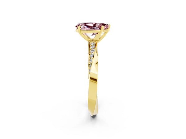 Yellow gold Pear Cut Morganite Engagement Ring with Side Stone Accents and Four-Prong Setting
