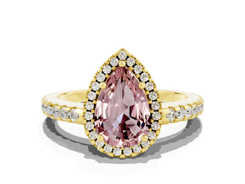 Yellow gold Pear Cut Morganite Halo Engagement Ring with Pavé Band and Prong Setting_12