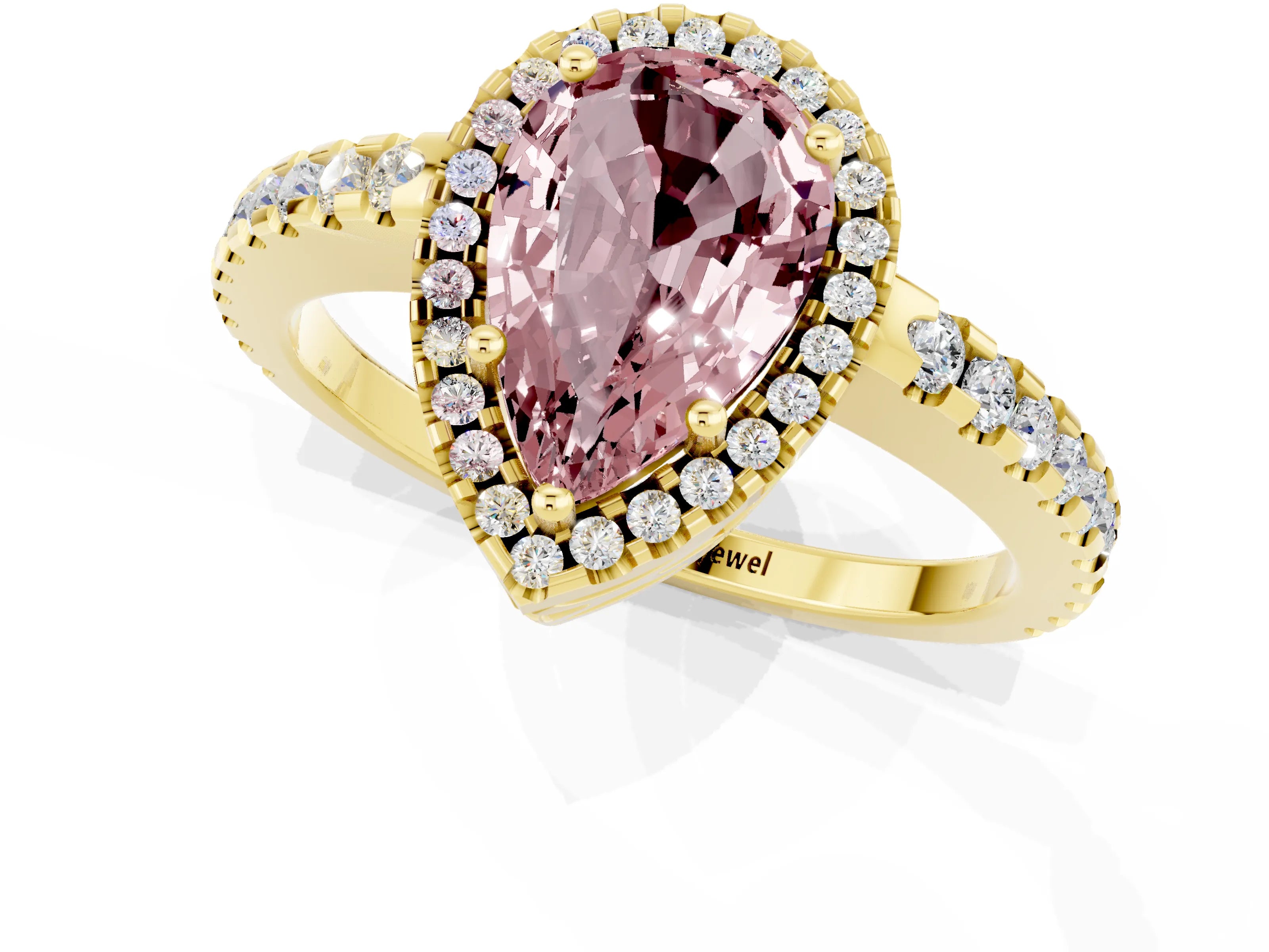 Yellow gold Pear Cut Morganite Halo Engagement Ring with Pavé Band and Prong Setting_13