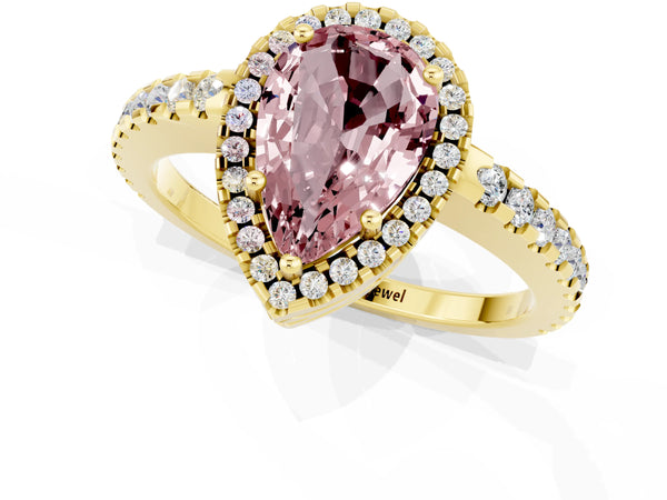 Yellow gold Pear Cut Morganite Halo Engagement Ring with Pavé Band and Prong Setting