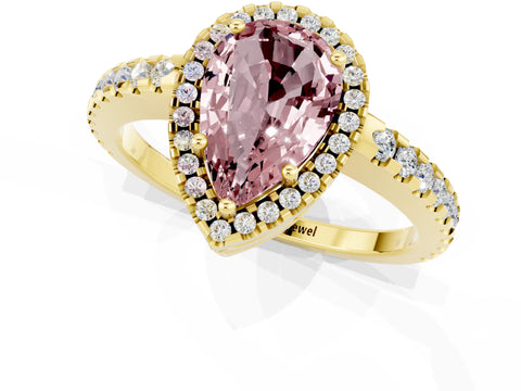 Yellow gold Pear Cut Morganite Halo Engagement Ring with Pavé Band and Prong Setting_13