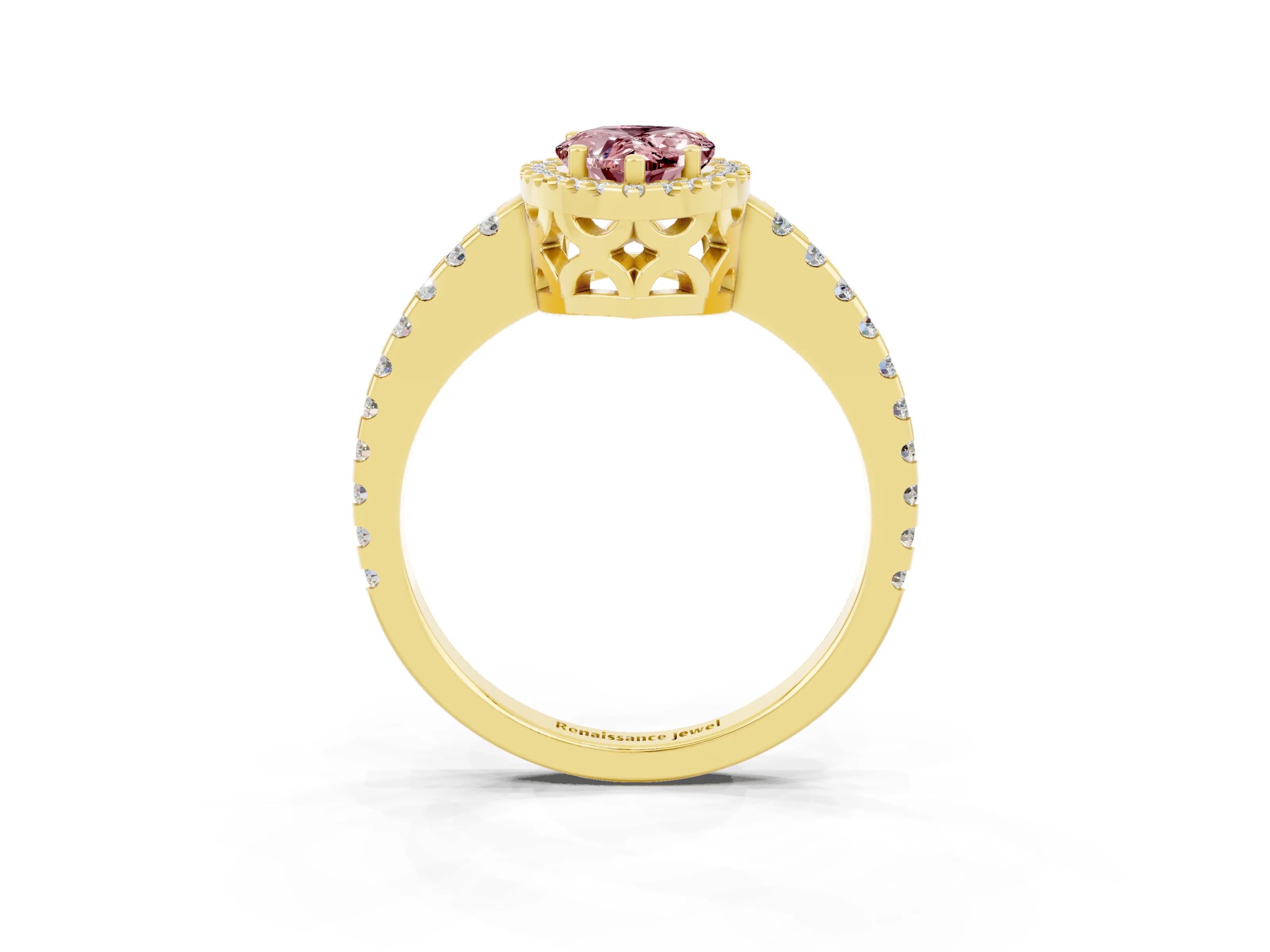 Yellow gold Pear Cut Morganite Halo Engagement Ring with Pavé Band and Prong Setting_15