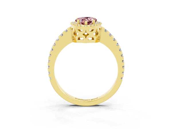 Yellow gold Pear Cut Morganite Halo Engagement Ring with Pavé Band and Prong Setting