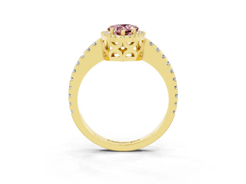 Yellow gold Pear Cut Morganite Halo Engagement Ring with Pavé Band and Prong Setting_15