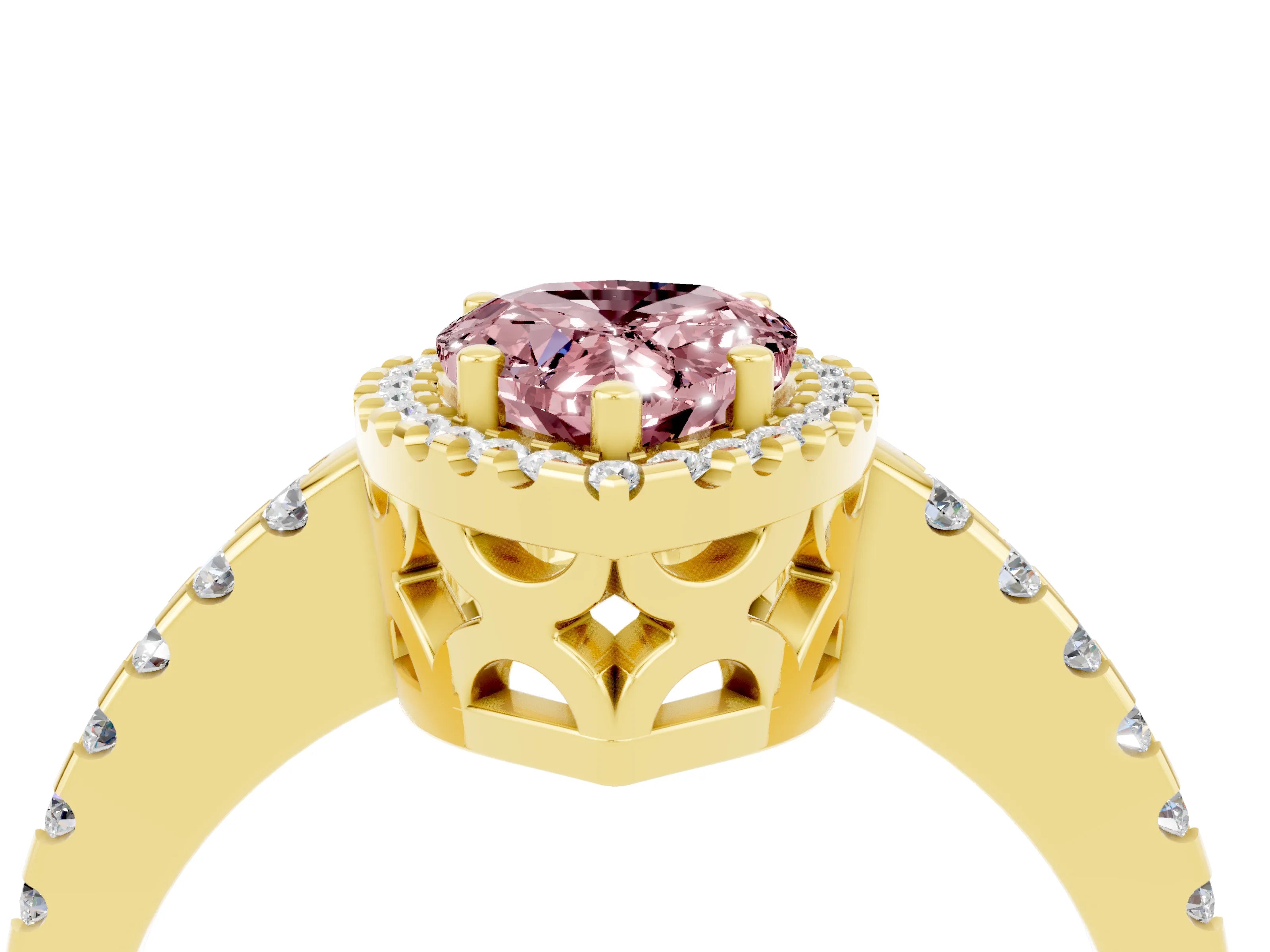 Yellow gold Pear Cut Morganite Halo Engagement Ring with Pavé Band and Prong Setting_16