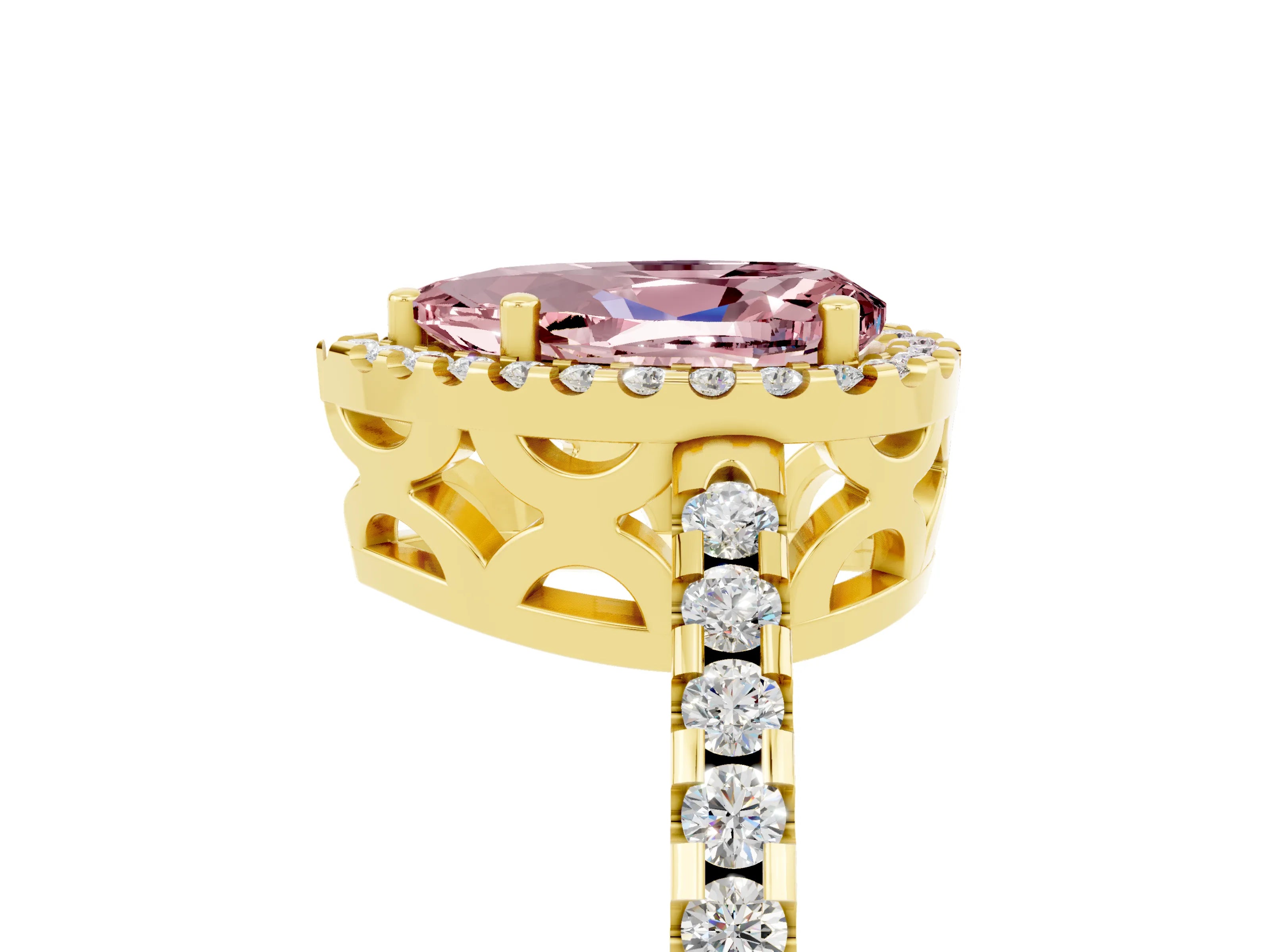 Yellow gold Pear Cut Morganite Halo Engagement Ring with Pavé Band and Prong Setting_17