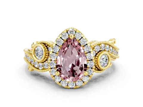 Yellow gold Pear Cut Morganite Halo Ring with Milgrain Pavé Band and Four-Prong Setting_12